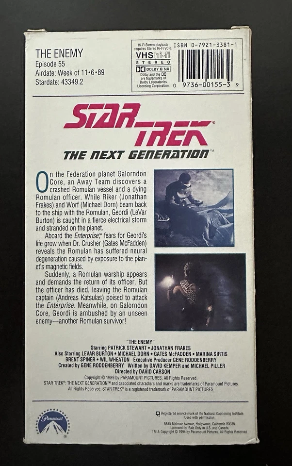 Star Trek: The Next Generation-Episode 55- The Enemy (VHS,1989) 1980'S - Image 2 of 4