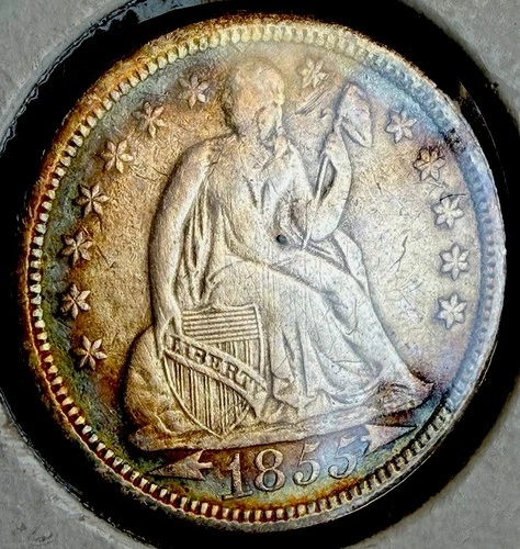 1855 P Seated Liberty Silver Dime With Arrows, Philadelphia, Toning