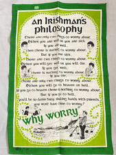 VTG Fingal Irish Linen Tea Towel ~An Irishman's Philosophy ~ Humorous Funny NWT
