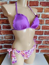 WOMENS LA SENZA UK 10 PURPLE FLORAL PUSH UP HALTERNECK TIE SIDE BOTTOMS BIKINI