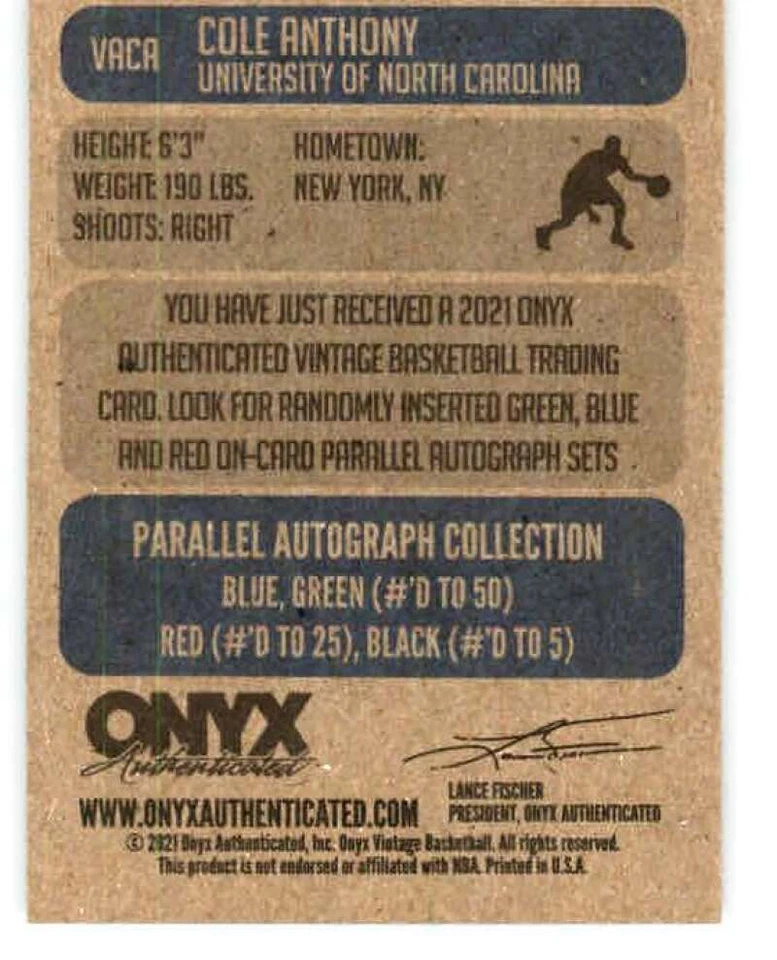 2021-22 Onyx Vintage Blue Signatures #VBCA Cole Anthony AUTO - Image 2 of 2