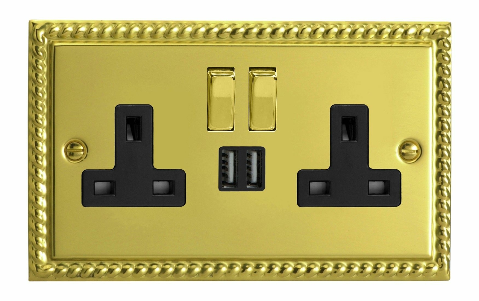 Varilight XG5U2SDB Georgian Polished Brass 2 Gang 13A Plug Socket 2.1A USB