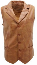 Mens Soft Tan Leather Waistcoat Classic Casual Formal Traditional Gilet Vest