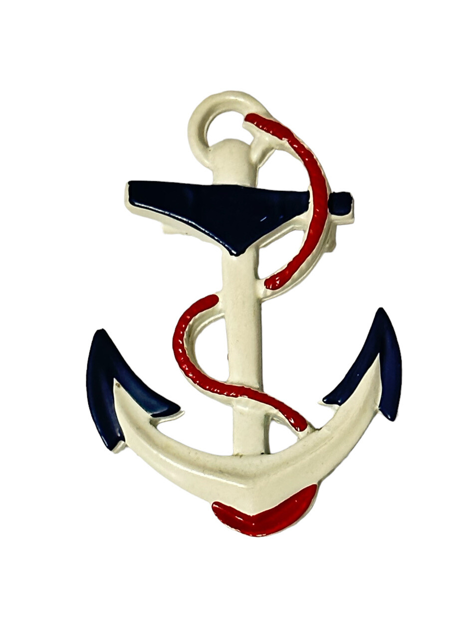 Vintage Enamel Anchor Brooch Pin Red White Blue Nautical Navy Patriotic