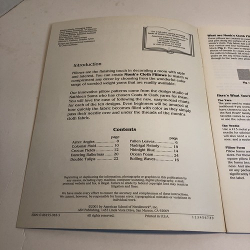 Monk's Cloth Pillows Pattern Book Kathleen Sams American School of Needlework - Picture 2 of 6