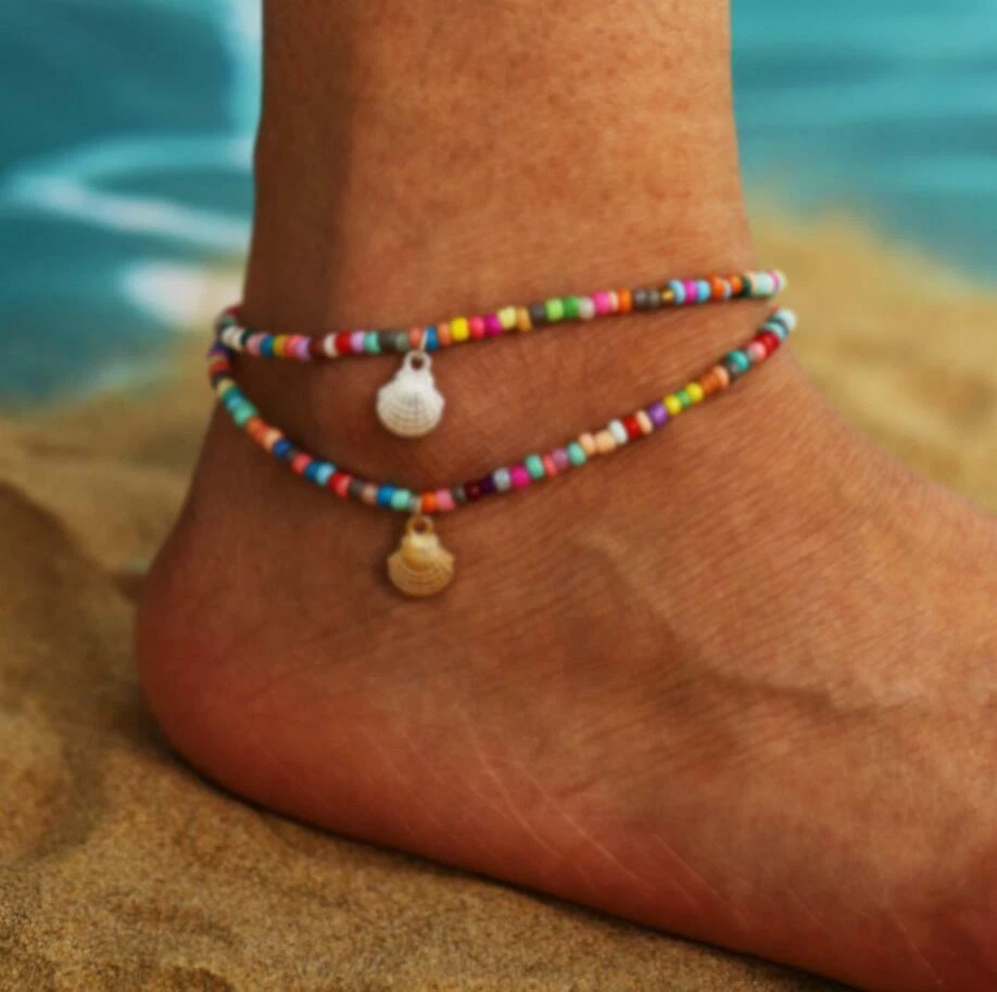 BOHO RAINBOW OPAQUE HANDMADE BEAD ANKLE BRACELET CHAIN ETHNIC