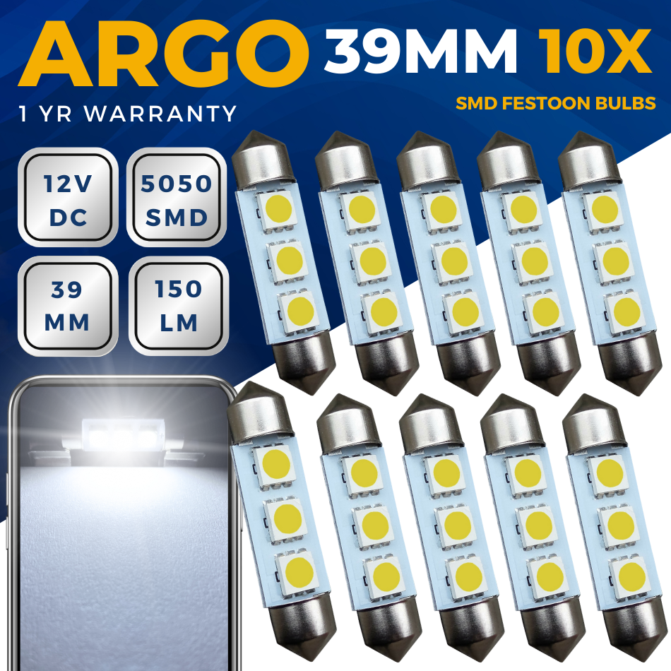 LED Car Bulbs Argo 41mm 239 Festoon C5W LED Car Bulb - 12V Xenon White Dome, Map, License Plate, Boot Light - 165 Lumens, 6000K Interior Car Lights