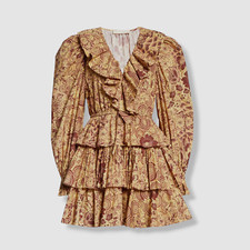 $447 Ulla Johnson Women's Yellow Ruffled V-Neck Long Sleeve Mini Dress Size 8