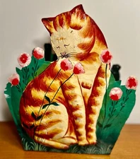 Vtg Primitive Folk Art Tabby Cat Trash Can Hand Painted Cat Lovers 14" tall