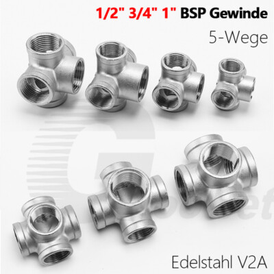 Gewindefittings Edelstahl V2A Schraubfittinge 5-Wege Winkel 1/2 3/4'' 1'' Zoll BSP