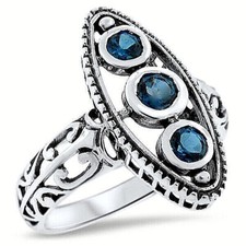 GENUINE LONDON BLUE TOPAZ 3 STONE 925 STERLING SILVER ANTIQUE STYLE RING  835z