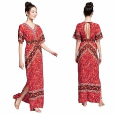 Xhilaration Maxi Dress Womens XS Red Floral Print Short Sleeve Open Back Slits