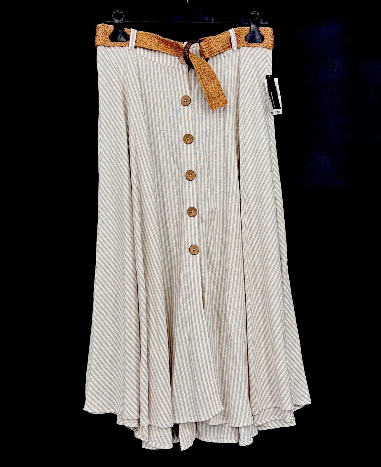 Chelsea & Theodore Belted Maxi Skirt Linen Blend Tan Diagonal Stripe Medium NWT