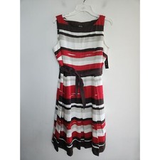 NWT Style & Co. A-Line Tie Waist Brown, White, Red, 100% Linen Midi Dress sz 14P