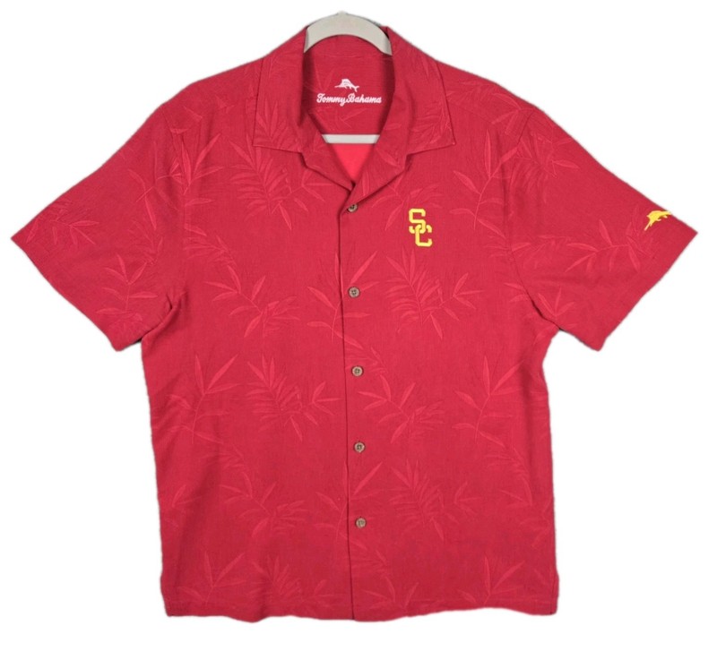 Tommy Bahama USC Trojans Silk Hawaiian Shirt Cardinal & Gold Embroidered Men's M