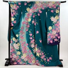 Woman Japanese Kimono Furisode Silk Flower Embroidery Silver thread Green 175.5