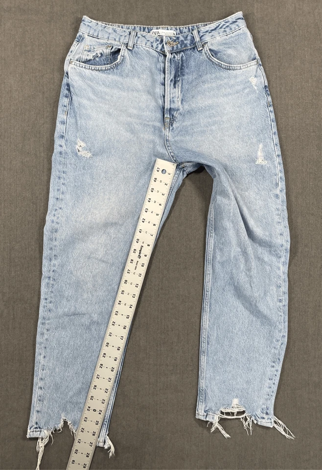 Zara High Rise Mom Jeans Women 12 Light Wash Thrashed Hem Distressed Y2K Grunge - Image 3 of 4