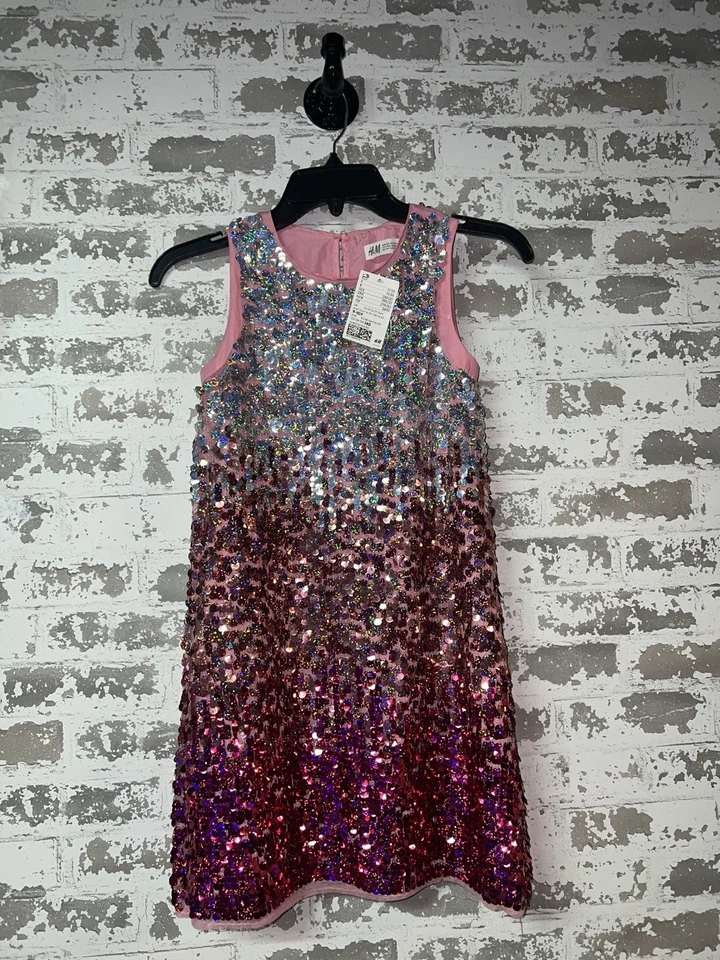 全新带标签! H&M亮片无袖派对连衣裙 - 女孩 9-10Y 码 - 银色和粉色 — 第 2/4 张图片