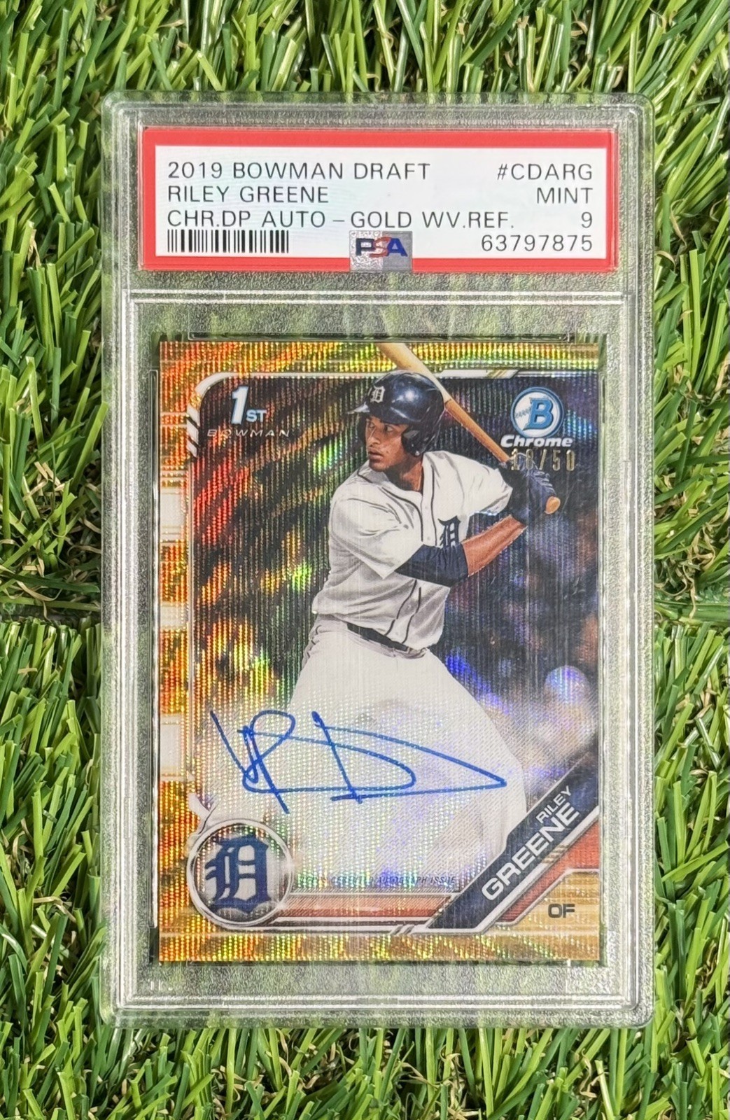 2019 Bowman Chrome Riley Greene 1st Auto GOLD WAVE REFRACTOR #/50 PSA 9 POP 8