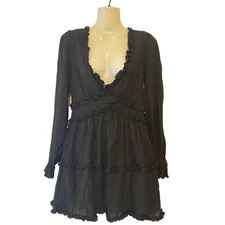 Y2K Trixxi MiniDress Junior M Black Coquette Smocked VNeck Ruffle Bohemian Goth