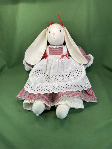 Vtg Primitive 90’s Handmade 18" Girl Bunny Rabbit Muslin Long Eared w 3 Books