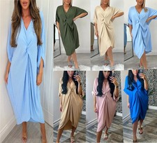 Womens Ladies V-Neck Tie Knot Twist Front Oversized Long Summer Smock Midi Dress