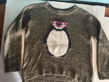 Rewind Army Green Penguin with Glasses Long Sleeve Sweater Size Large