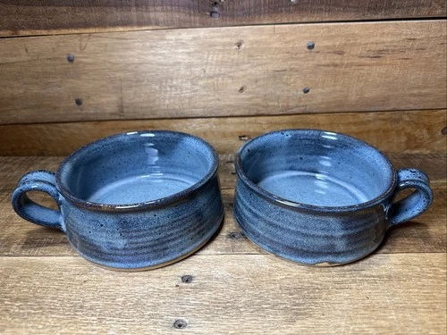 Pair Vintage Hand Made Studio Art Pottery Blue Mug/Soup Bowl  w/Handle, Signed