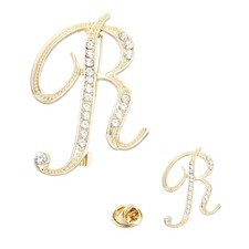 Letter Brooch Pins 2 Sizes Rhinestone Alphabet R Letter Badges Pin Gold Tone
