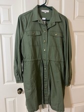 Loft Utility Belted Midi Shirt Dress Olive Green, Long Sleeve, Size Large