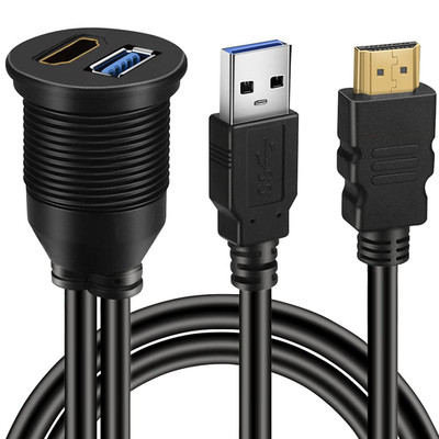 USB 3.0 & HDMI to HDMI + USB3.0 AUX Extension Dash Panel Waterproof Car Flush Mo