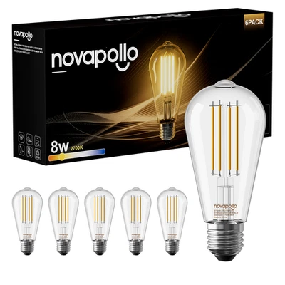 NOVAPOLLO 6x Dimmable E27 Edison Screw LED Filament Bulb 8W =60W Vintage ST64 2700K Light