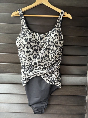 LANDS END Leopard Slender Draped Tummy Control Swimsuit Size 16L One Piece