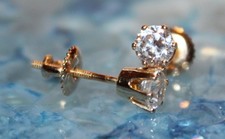Solid 14k Yellow Gold 5mm 1CTW Round CZ 6 Prong Stud Screw Back Vintage Earrings