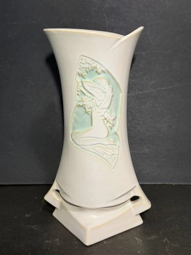 Roseville Pottery Mid Century Modern Ivory & Green Silhouette Nude Nymphs Vase