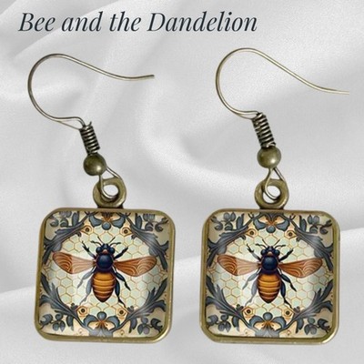 Ohrringe Bienenkönigin Honig Hummel Glas Cabochon bronzefarben quadratisch