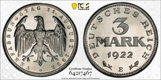 1922 E Germany Constitution 3 Mark PCGS Proof UNC Details Spot Removed