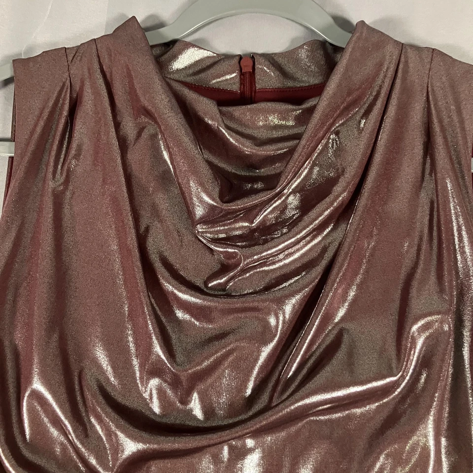 Vestido Vince Camuto Para Mujer 14 Metálico Oro Rosa Acanalado Capucha Cuello Vestido Noche Foto 3 de 4