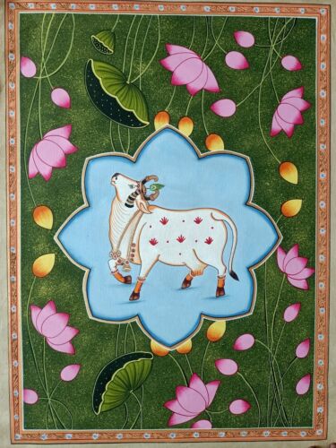 Estilo Pichwai pintura a mano de vaca con kamal talai - Imagen 1 de 6