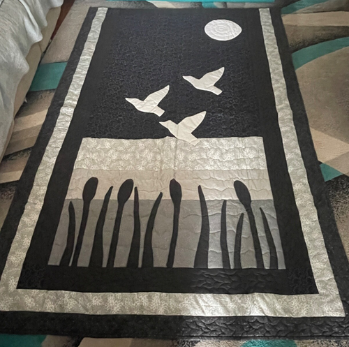 Quilt full size flying ducks moon night sky black gray white handmade vtg 93x62