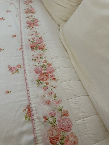 Vtg JC Penney Full Flat Sheet 2 Pillowcases Pink Roses Embroidery Lace Cottage - Picture 18 of 24