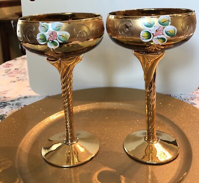 Murano TRE FUOCHI Hand Painted, Gilded Champagne Wine Glasses Plus Shot Glass