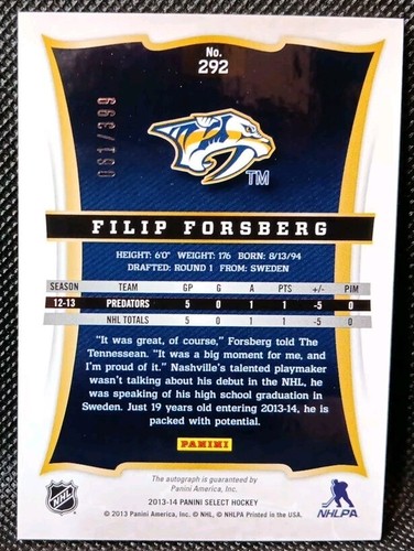 2013-14 PANINI SELECT AUTOGRAPH ROOKIE 292 FILIP FORSBERG /399 Auto RC Nashville - 第 2/2 張圖片