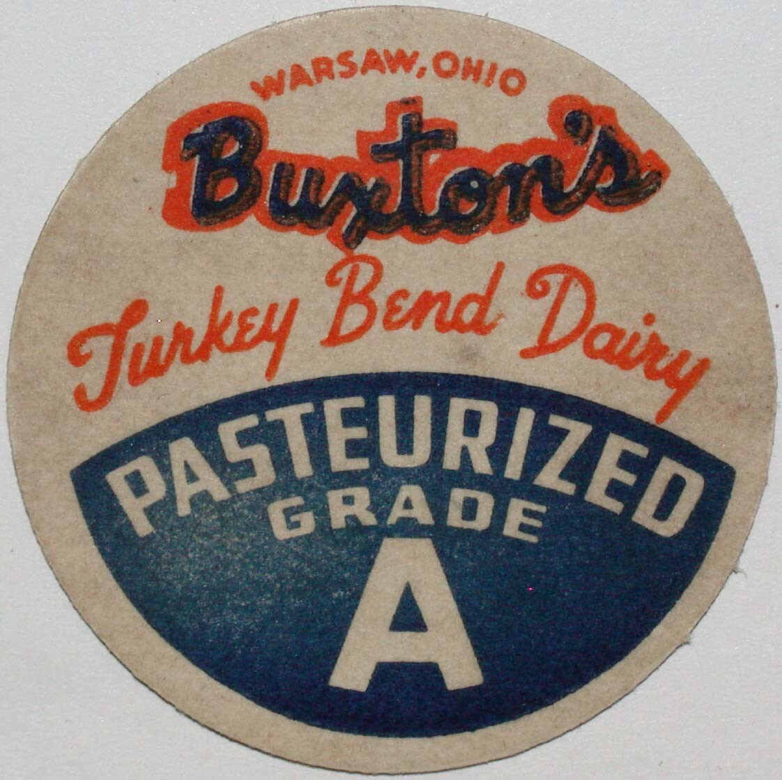 Vintage milk bottle cap BUXTON'S TURKEY BEND DAIRY Warsaw Ohio new old