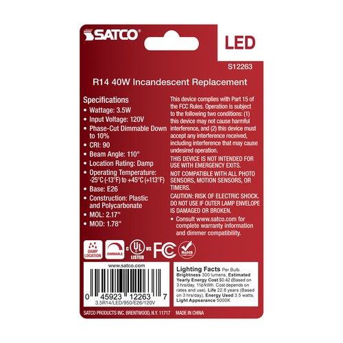 4 Pack Satco LED 120V 3.5W 40W R14 Frost Medium E26 Dimmable 5000K Natural Light - Picture 6 of 7