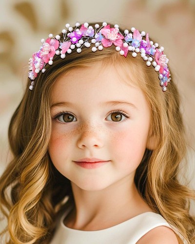Pink Flower Girls Headpiece Pearl Wedding Headband Crystal Floral Girls Hair ... - Picture 3 of 7