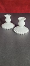 2 Vintage Fenton SILVER CREST Candlesticks White Milk Glass Clear Ruffled Edges