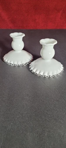 2 Vintage Fenton SILVER CREST Candlesticks White Milk Glass Clear Ruffled Edges