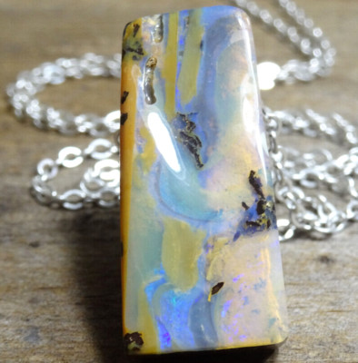Beautiful Solid Boulder Opal Australian OPAL & STERLING SILVER (925) Chain VIDEO