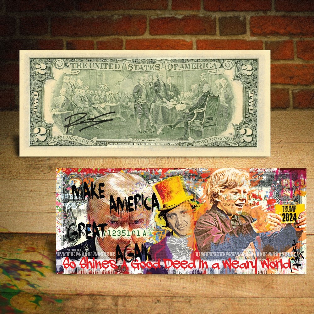 TRUMP Mugshot Willy Wonka Charlie Bucket Art Signed Authentic 2 Dollar Bill Rare Collectible
